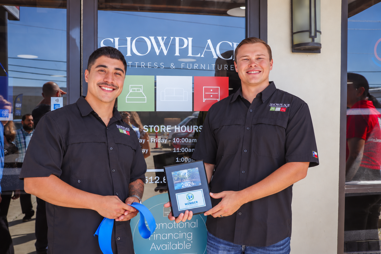 Hugo and Brett in front of Showplace Mattress and Furniture in San Marcos
